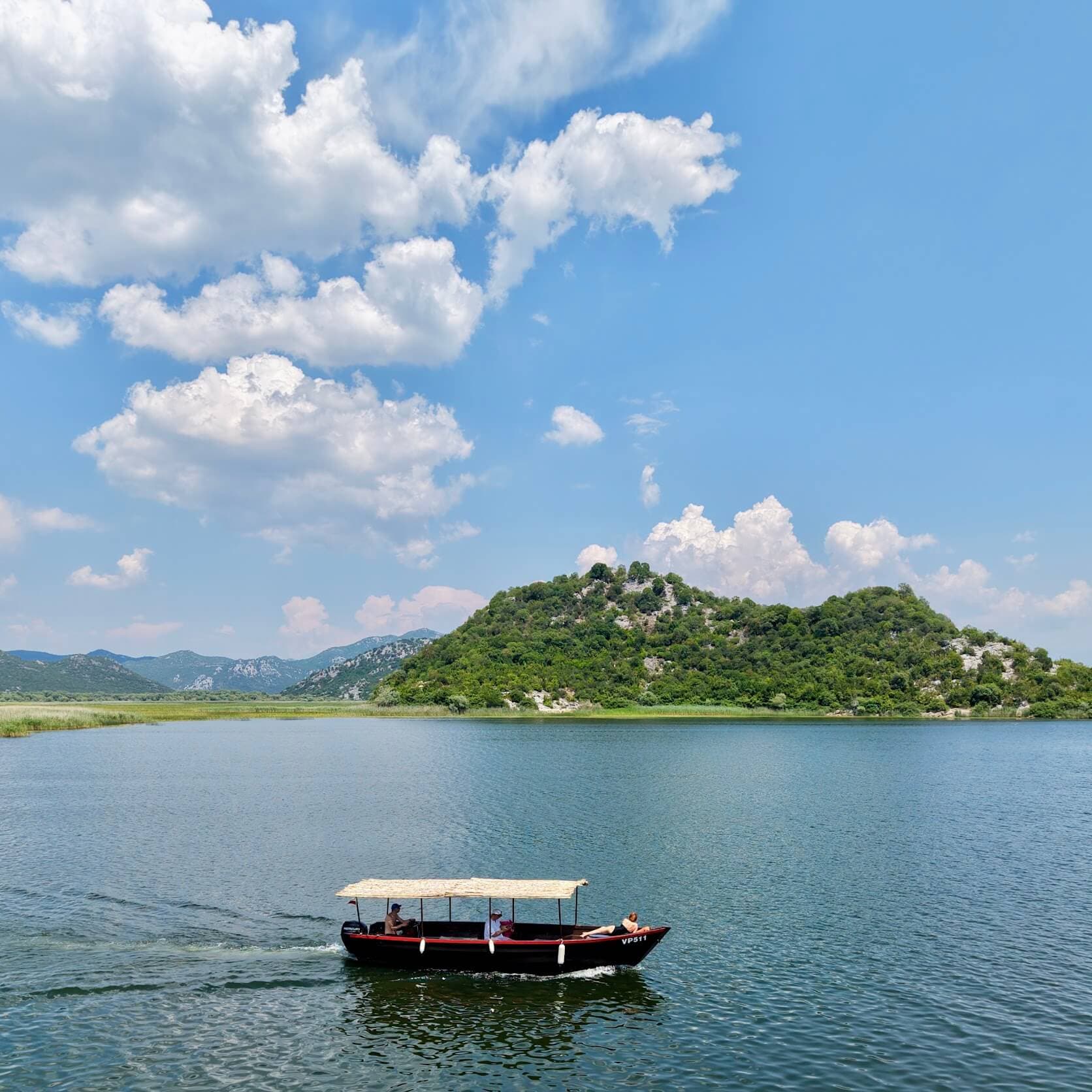 Aerial panorama of Skadar Lake's open water and islands