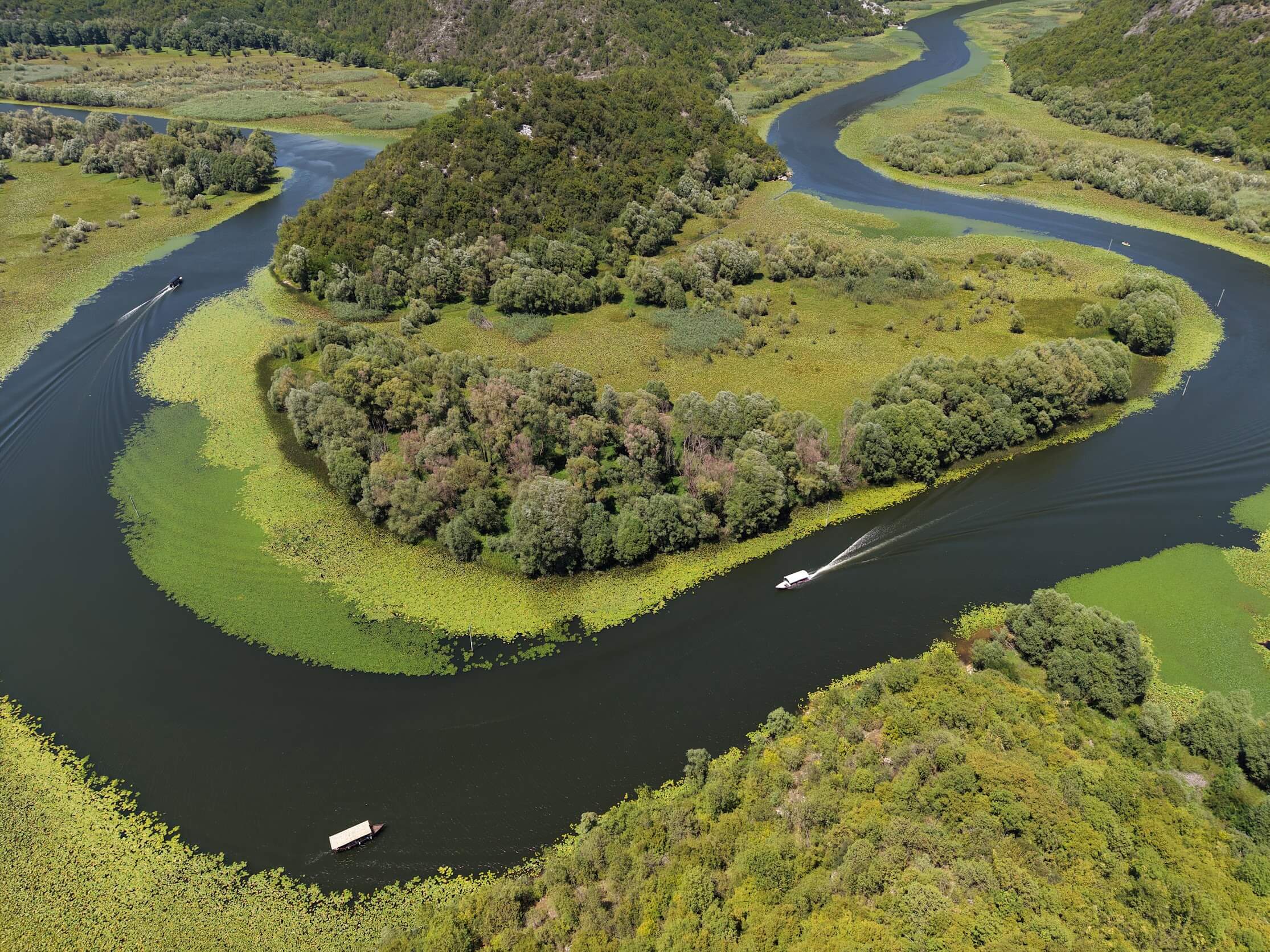 Aerial view of the meandering river bends of Skadar Lake, Montenegro
